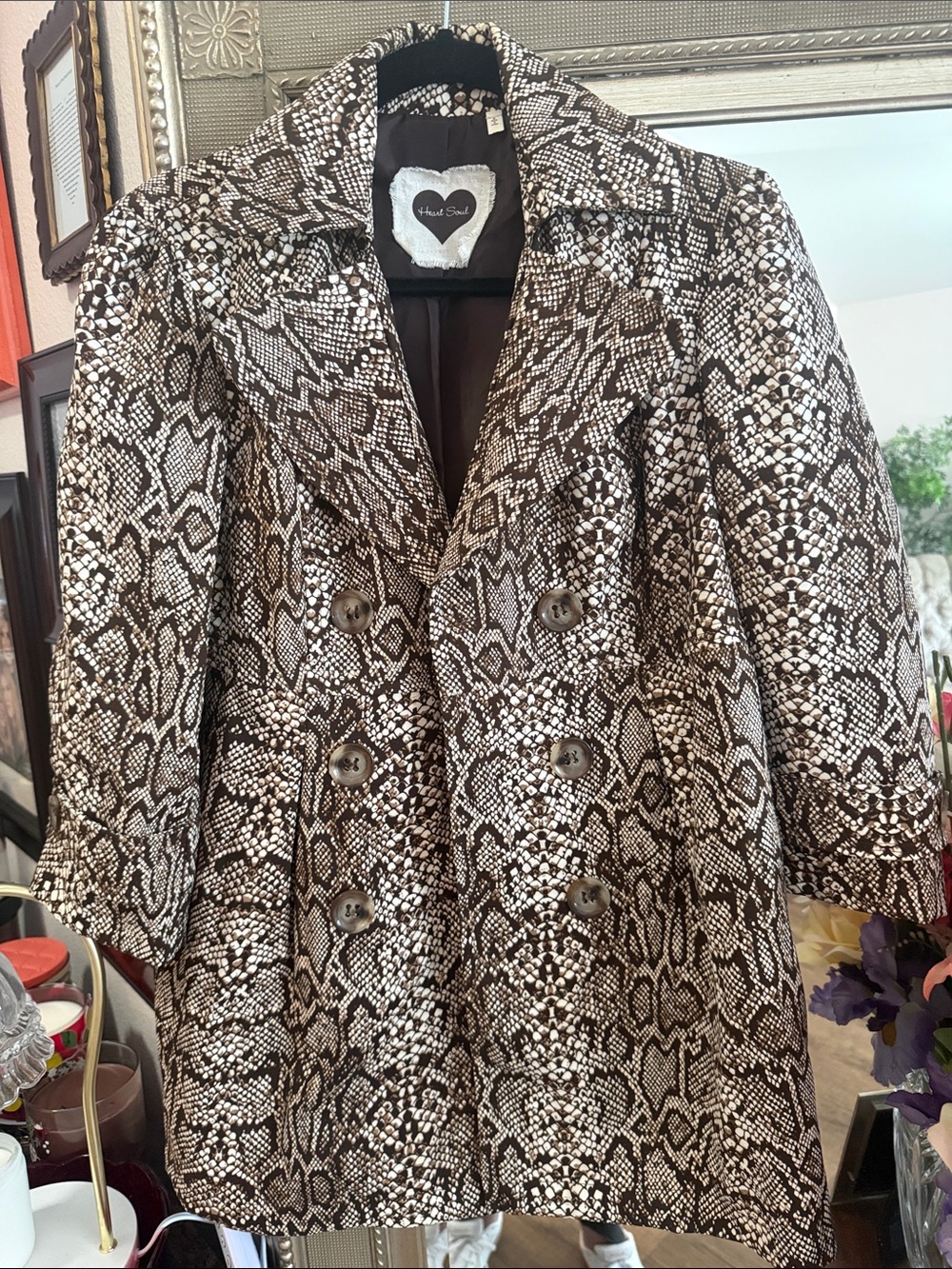 Heart Soul Women's Snake-Print Double-Breasted Pea Coat in Black & Cream